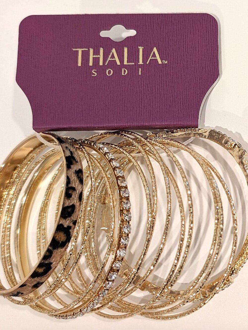 Thalia Sodi Gold Bangle Set | Leopard Rhinestone Stacked Bracelets NWT